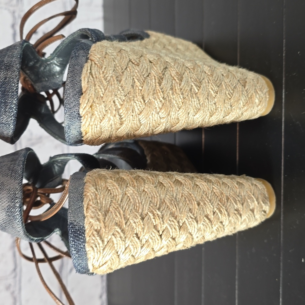 Stuart Weitzman Denim and Tan Espadrilles-Style Wedge Sandals Size 8.5 - Picture 8 of 10